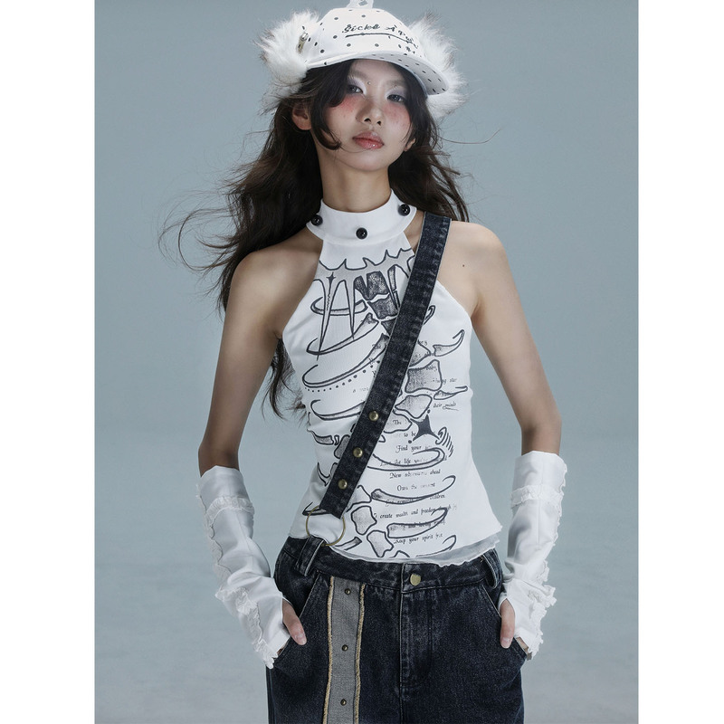 Wsw Original Design Printed Subculture Tight-Fitting White Slimming Halter Top