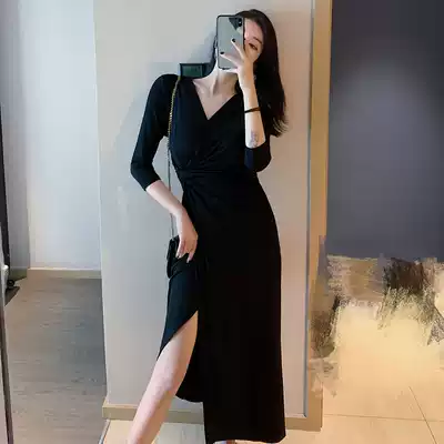 Korean version of the 2021 summer new socialite temperament slim-fitting thin black dress goddess sexy split skirt tide