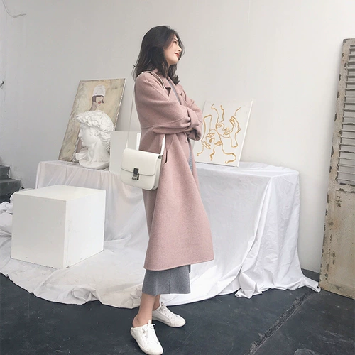 Зимнее розовое шерстяное пальто, длинная шерстяная куртка, 2023 года, свободный крой, средней длины