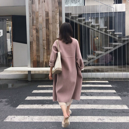 Зимнее розовое шерстяное пальто, длинная шерстяная куртка, 2023 года, свободный крой, средней длины