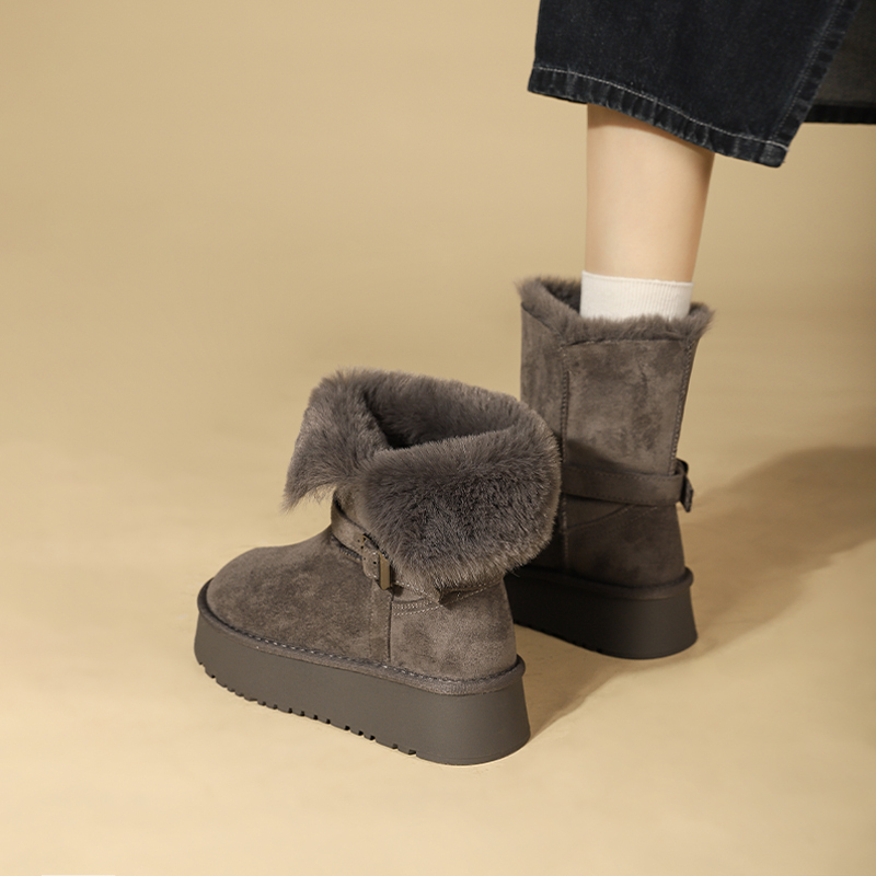 Mada Shu Women's Thick-Soled Height-Increasing Snow Boots, Winter Fleece-Lined Warm Fur-Trimmed Convertible Mid-Length Cotton Boots