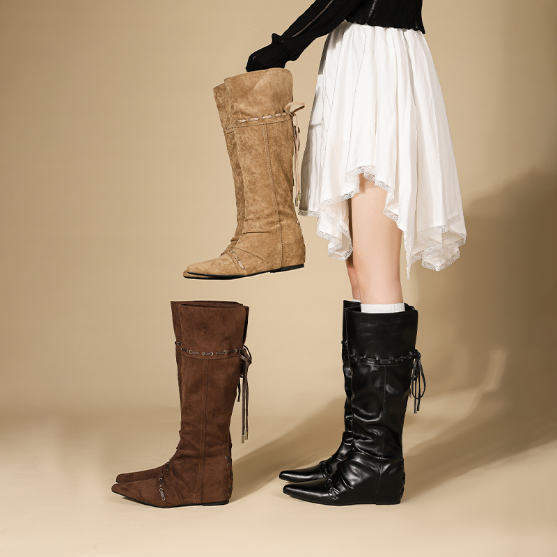 Pointed-Toe Lace-Up Long Boots for Women with Hidden Heels, Mid-Calf Pleated Short Boots, Autumn and Winter Western Riding Boots