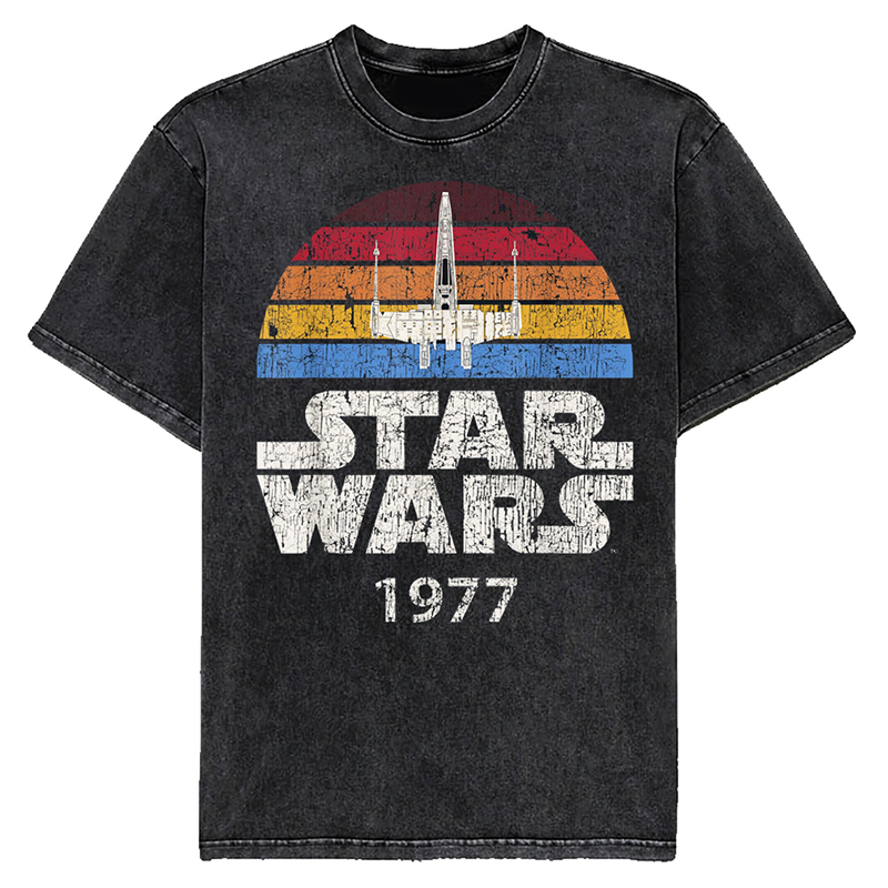 1977 American Casual Star Wars Movie Washed and Distressed Men's American Retro European and American Street Style Short-Sleeve T-Shirt