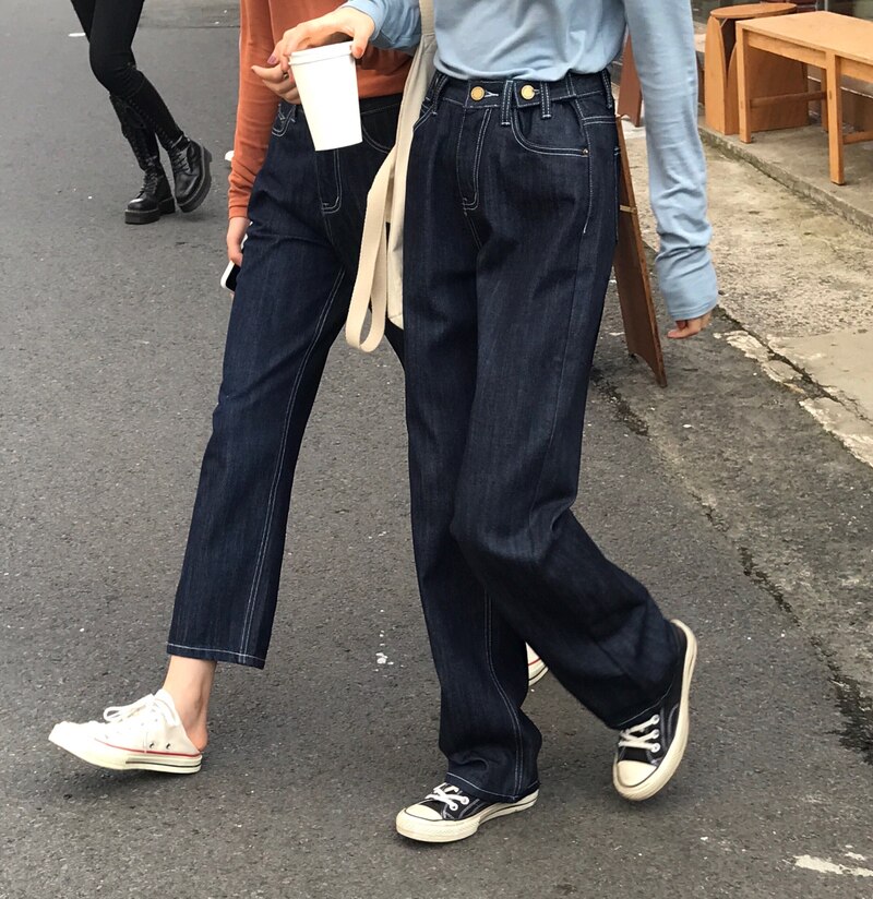 Dark blue straight jeans women's autumn 2022 Korean new retro loose high waist slim nine-point pants