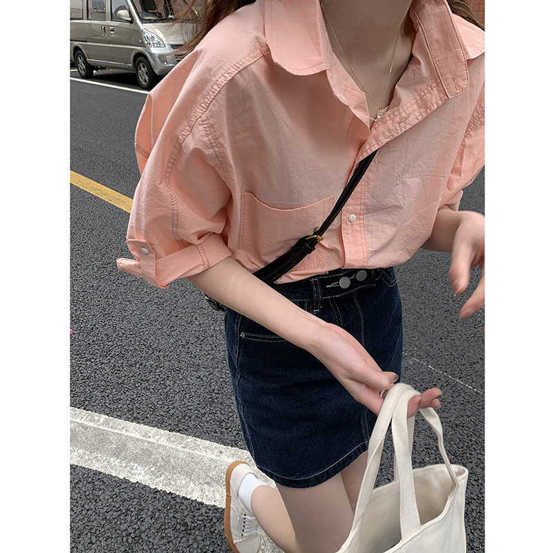 French retro pink shirt women's 2022 summer Korean version of the new chic small fresh casual three-quarter sleeve top