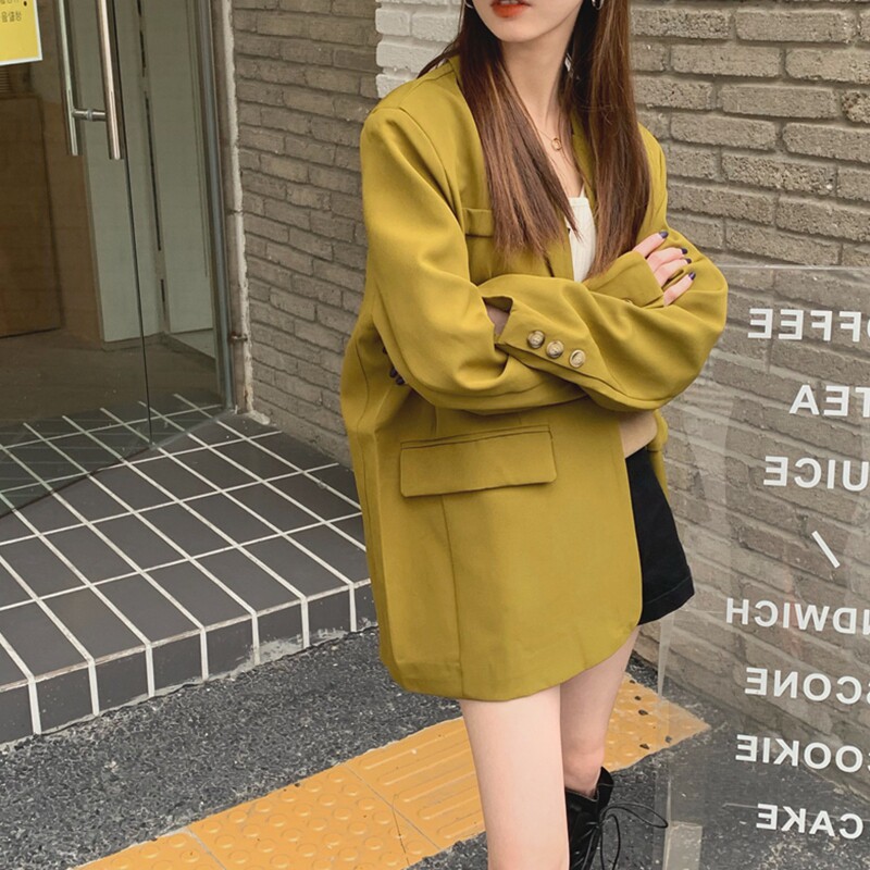 2022 spring new retro mustard green loose temperament suit design sense niche women's casual suit jacket