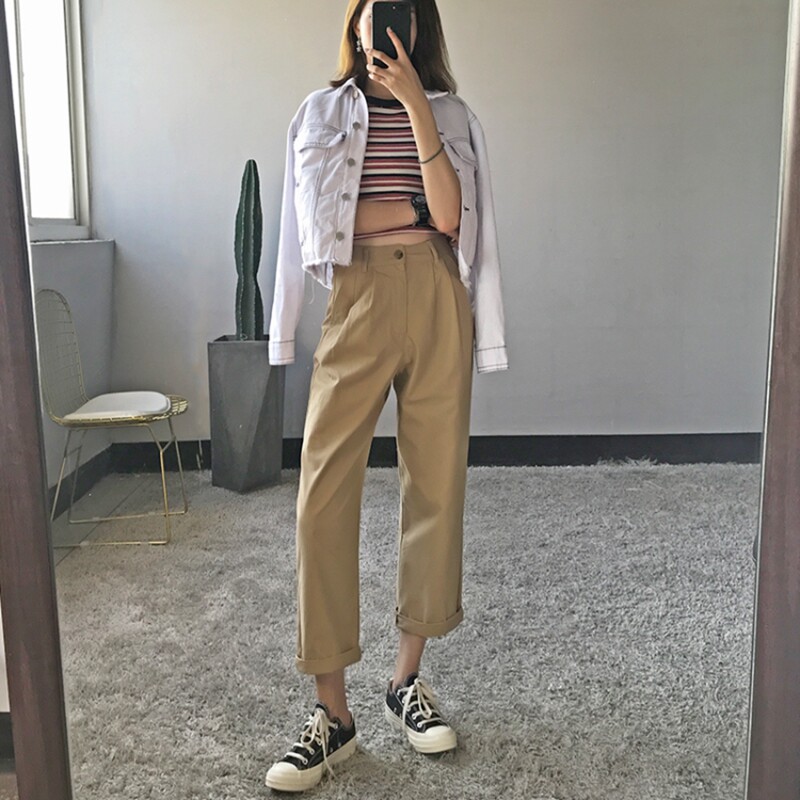 Korean small feet tooling harem pants women's autumn 2022 new retro bf style nine points straight temperament suit pants