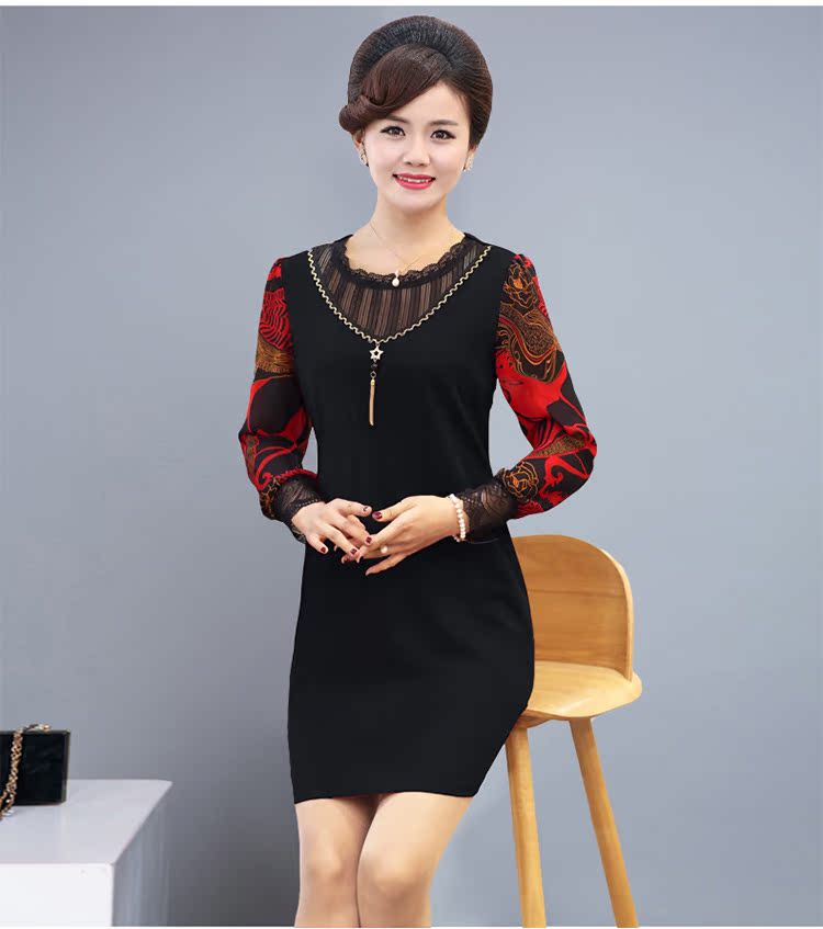 Váy mùa thu của mẹ, váy ngoại, phụ nữ 40 tuổi, phụ nữ trung niên quá gối, chạm đáy, váy dài tay mùa xuân và mùa thu đầm nữ trung niên