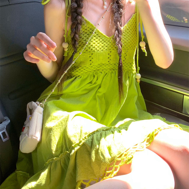 Bohemian Style Green Tassel Strap Dress for Women 2025 Summer Design Niche Sleeveless Dopamine Dress
