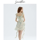 Зеленое платье-комбинация, мини-юбка, юбка, французский стиль, цветочный принт, изысканный стиль, квадратный вырез, подходит для подростков