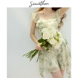 Зеленое платье-комбинация, мини-юбка, юбка, французский стиль, цветочный принт, изысканный стиль, квадратный вырез, подходит для подростков