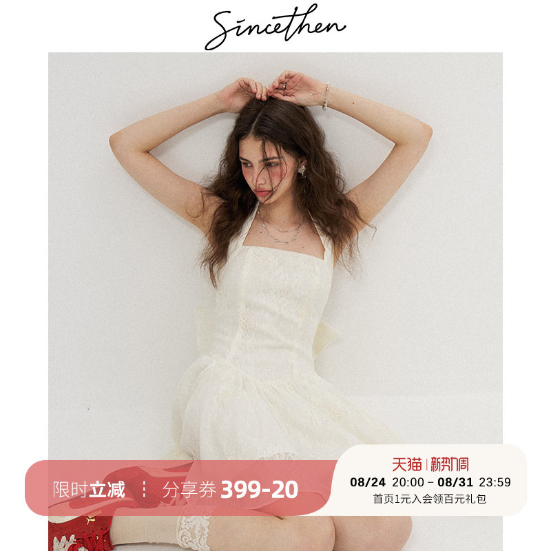 Sincethen French-Style Bow Dress White Spaghetti Strap Dress Halter Dress Petite Short Skirt Women's Summer Sincethen French-Style Bow Dress White Spaghetti Strap Dress Halter Dress Petite Short Skirt Women's Summer