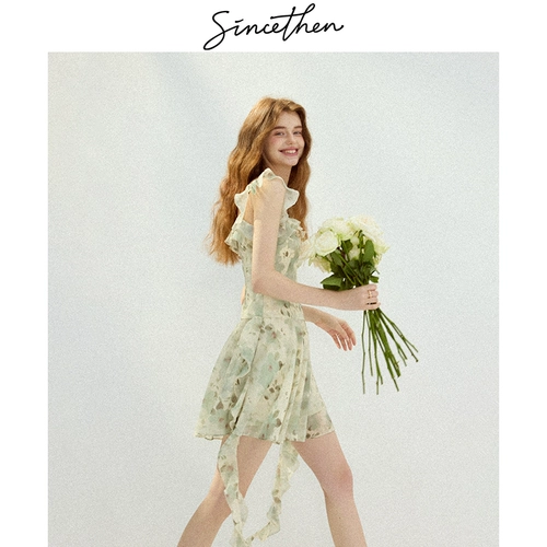 Зеленое платье-комбинация, мини-юбка, юбка, французский стиль, цветочный принт, изысканный стиль, квадратный вырез, подходит для подростков