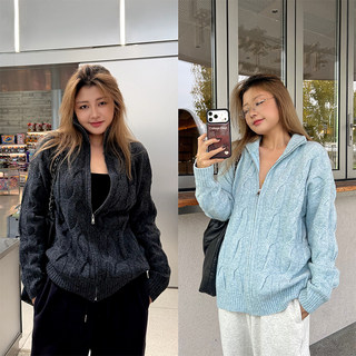 LTGIRL大码美式复古秋冬款2025年新款麻花针织宽松休闲毛衣外套