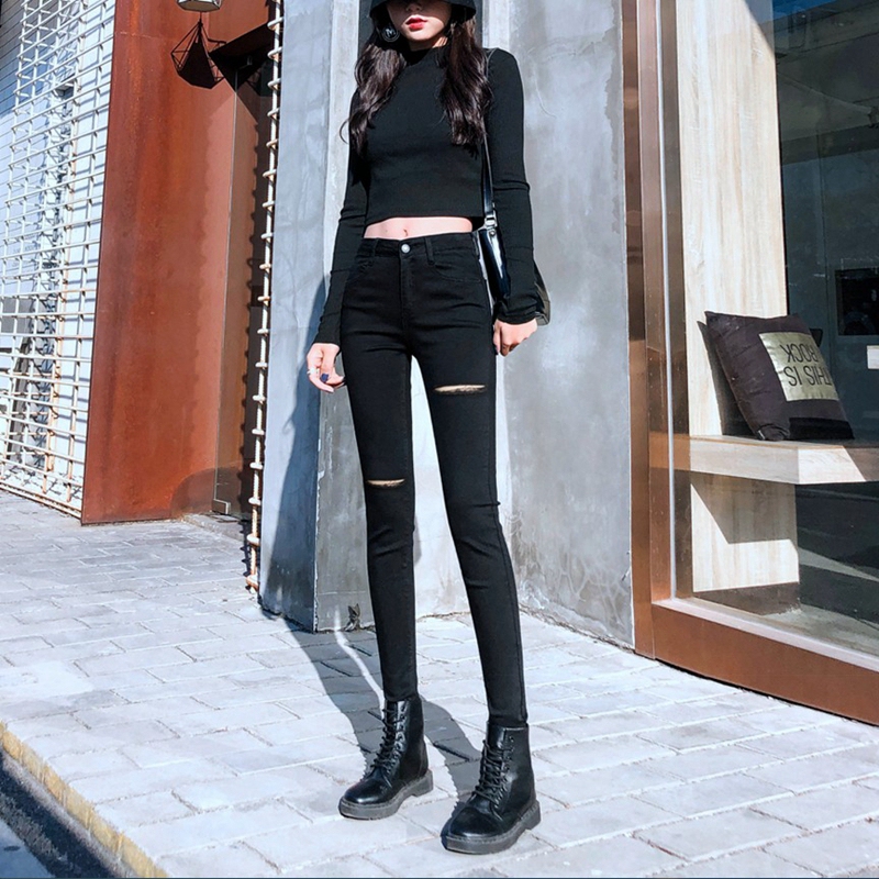 Black Ripped Jeans for Women, Cropped Pants, 2025 Spring/Summer New Style, High-Waisted, Slimming, 8/8 Length, Distressed Skinny Pants