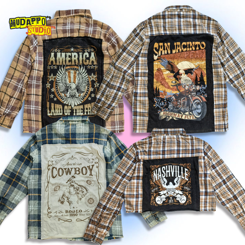 Small Quantity, American Retro Hot Girl Style, Rock Biker Style Patchwork Printed Plaid Shirt, Trendy