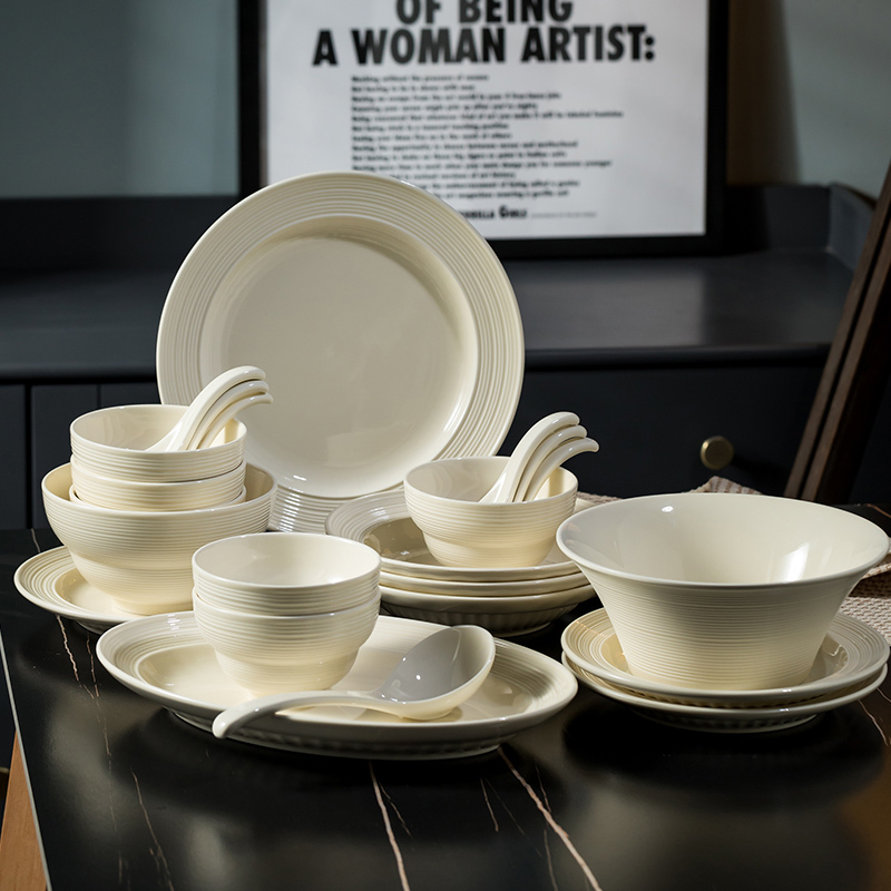 Cream-Style Rice Bowl, Soup Bowl, Plate, Spoon, Chopsticks Set, Housewarming Gift, High-End Ceramic Tableware Set for Home Use