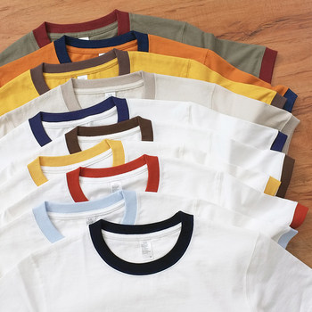 American retro college contrasting piping basic men and women's 270g ຝ້າຍ​ຫນັກ 270g ຄໍ​ມົນ​ແຂນ​ສັ້ນ ເສື້ອທີເຊີດວິທະຍາເຂດທີ່ມີສີສະກັດ