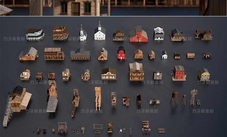 图片[2]-3D素材Kitbash3d西部风乡村木屋房子楼房马车风车水塔BLENDCER模型3DK009-cg男孩