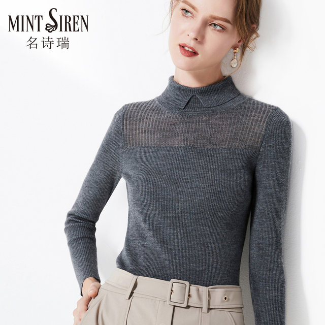 MintSiren slim high collar lapel winter bottoming sweater ແຂນຍາວ merino wool sweater ໃກ້ຊິດສໍາລັບແມ່ຍິງ