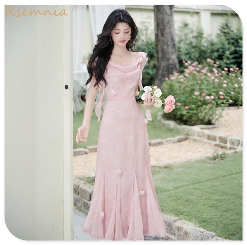 Rsemnia Pink Fishtail Fairy-Like Vacation Dress for Women 2026 Summer New Slimming Spaghetti Strap Beach Dress for Women