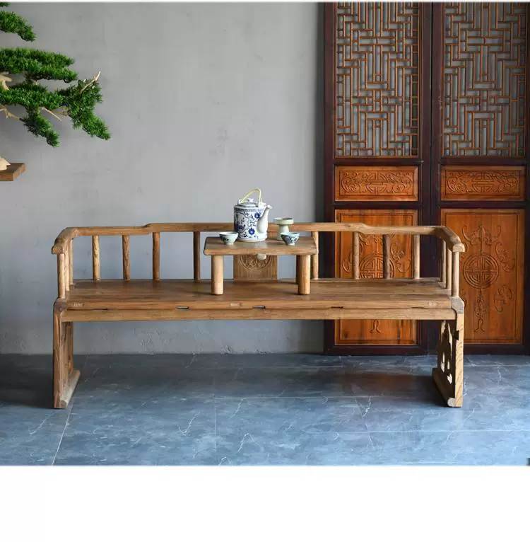Old Elm La Hán Giường Sofa gỗ rắn Ghế dài mát mẻ Cửa bảng điều khiển Master Lounge Ghế Thư giãn Thiền Zen Nội thất tùy chỉnh - Giường