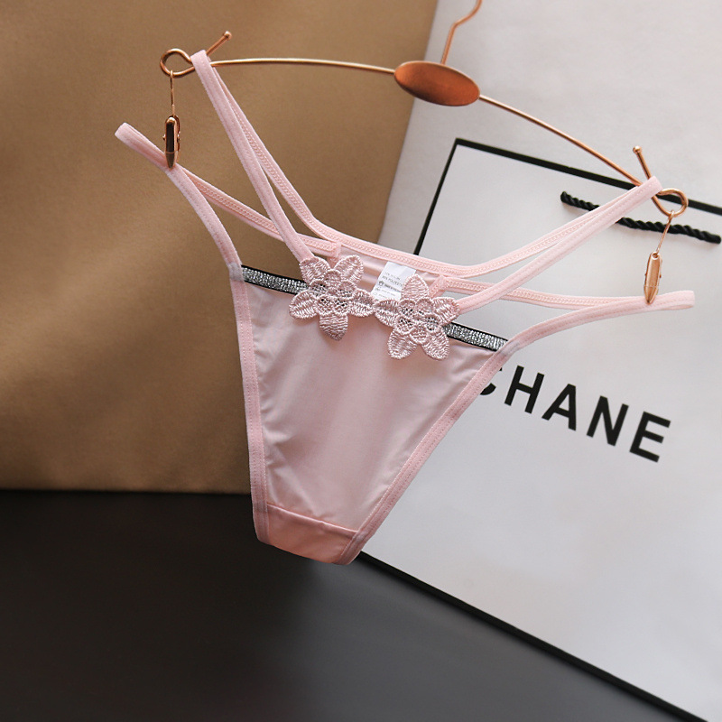 Sexy Ice Silk Seamless Low-Waist Thong with Thin Straps for Women, Hot T-Pants with Embroidery and Hollow-Out Cotton Crotch, Japanese Style Pure Desire T-Pants
