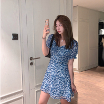 2021 Summer Out-Of-Law-Style First Love Ultra Fairy V Collar Blue Broken Flowers Snowspun With Dress Woman A gig in a long dress