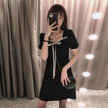 2021 new small sub sweet and beautiful bubble sleeves black square collar dress with waist display slim temperament little black dress female summer
