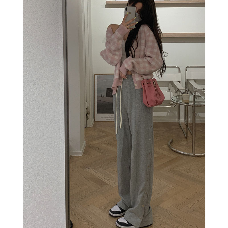 Korean version of wide legs High waist width Casual Thick Cotton Pants Woman Spring Autumn Slim design Sensation Niche Open Fork Grey Tug Long Pants