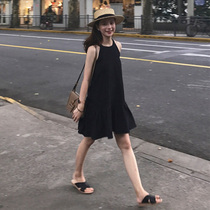Summer Sleeveless Temperament Small Subblack Pure Color Little Black Dress Fashion Teenage Girl Round Neckline Head Holiday Pendant With Skirt