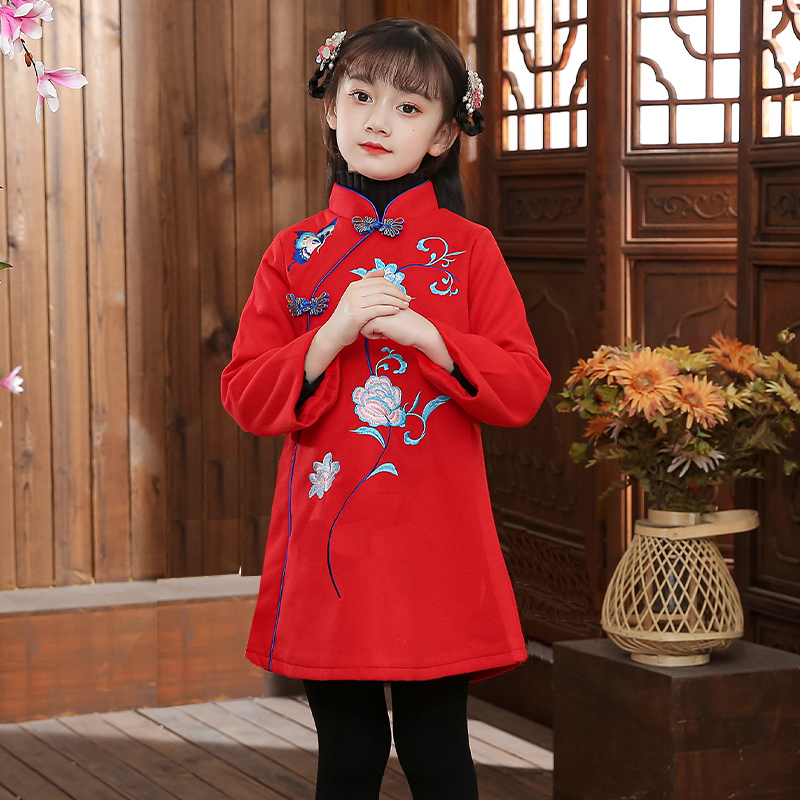 Beiyr clothes girl Tang dress Chinese wind autumn and winter style girl New Year's baby Thickened Qipao Red for Chinese New Year's Eve