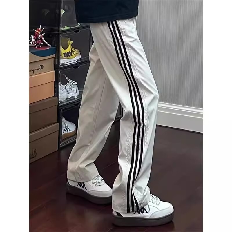Men's Summer Thin Casual Pants with Three Stripes, Trendy Brand, Loose Straight-Leg American-Style Striped Paratrooper Cargo Pants