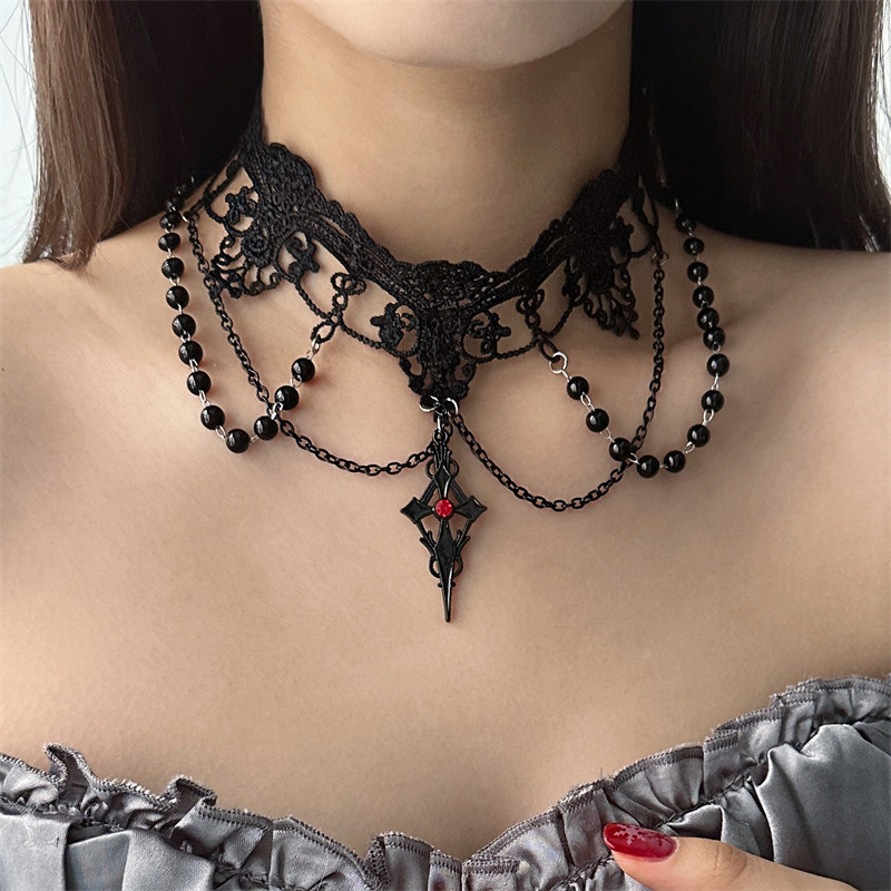 Dark gothic style black lace beaded choker neck accessory necklace for women, exuding a high-end feel.