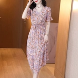 Шифоновое летнее платье, модная длинная юбка, в стиле Шанель, V-образный вырез, яркий броский стиль, средней длины