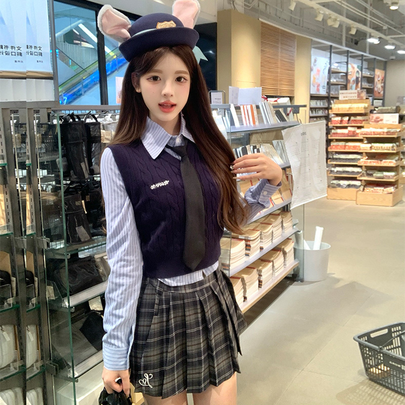 American Preppy Style Jk Uniform Set for Women, Knitted Vest, Shirt, Disney Outfit, Pleated Skirt, Autumn and Winter for Women