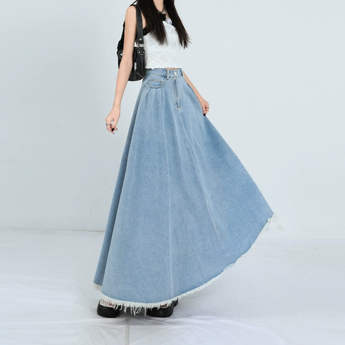 Ретро синяя летняя джинсовая юбка, длина миди, высокая талия, по фигуре