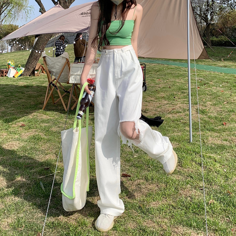 White Ripped Jeans for Women, Straight-Leg, Loose, Wide-Leg, Slimming Pants, Distressed, Unique, High Street Fashion, Summer Thin Style ins