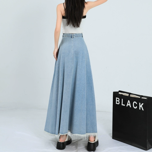 Ретро синяя летняя джинсовая юбка, длина миди, высокая талия, по фигуре