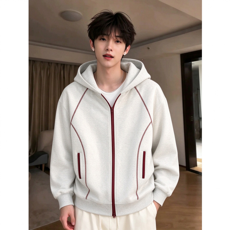 Hasselblad Line Hooded Cardigan Sweatshirt for Men, Autumn Trendy American Style Heavy-Duty Structured Hoodie with a High-End Feel, White and Gray Jacket