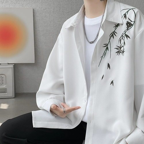 Рубашка, осенняя дизайнерская брендовая куртка, китайский стиль, с вышивкой, тренд сезона, большой размер