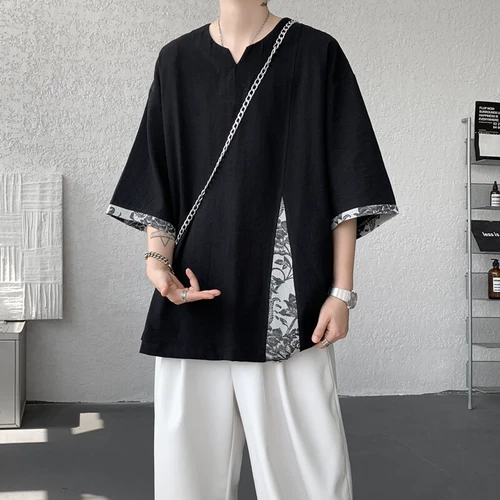 Летняя футболка, китайский стиль, размер, V-образный вырез, короткий рукав, из хлопка и льна