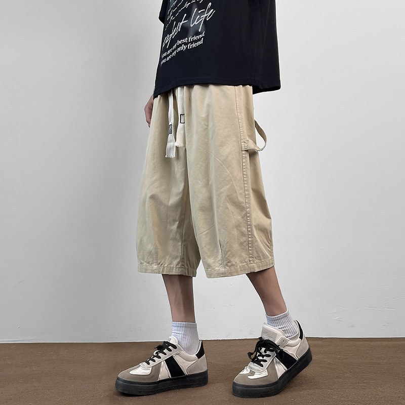 Khaki Ribbon Workwear Cropped Pants for Men, Summer Vintage American-Style Quick-Dry Basketball Shorts, Loose-Fitting Eight-Point Pants