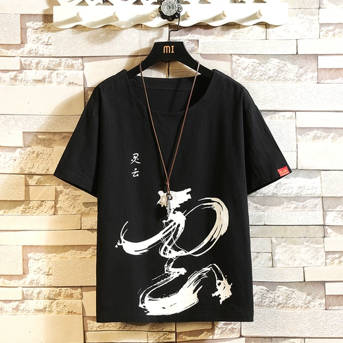 Трендовая приятная телу футболка с коротким рукавом для мальчиков, китайский стиль, большой размер, из хлопка и льна, оверсайз
