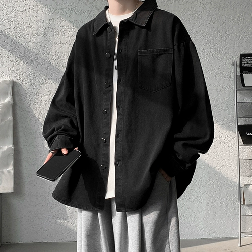 Черная джинсовая мужская осенняя японская куртка, очень большая рубашка для отдыха, большой размер