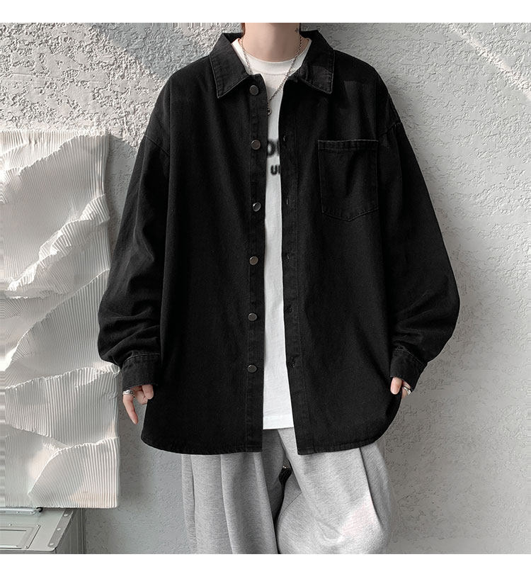 Мужская черная джинсовая осенняя демисезонная японская модная куртка, большая рубашка                