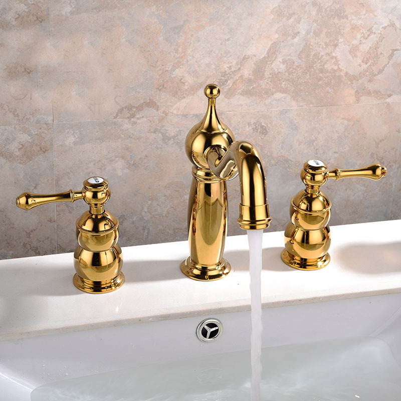 Golden All-Copper European-Style Double-Handle Three-Hole Bathroom Basin Hot and Cold Faucet Washbasin Split Faucet Accessible Luxury Faucet