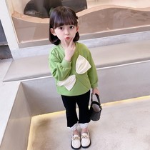 Girls Korean version of the foreign casual set 2021 new childrens foreign flared pants crew neck top two-piece set