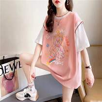 Pregnancy Woman Dress Fake Two Summer Short Sleeve T-Shirt 2022 Loose Summer Medium Long Fashion Summer Dress Pregnant Woman Blouse Woman