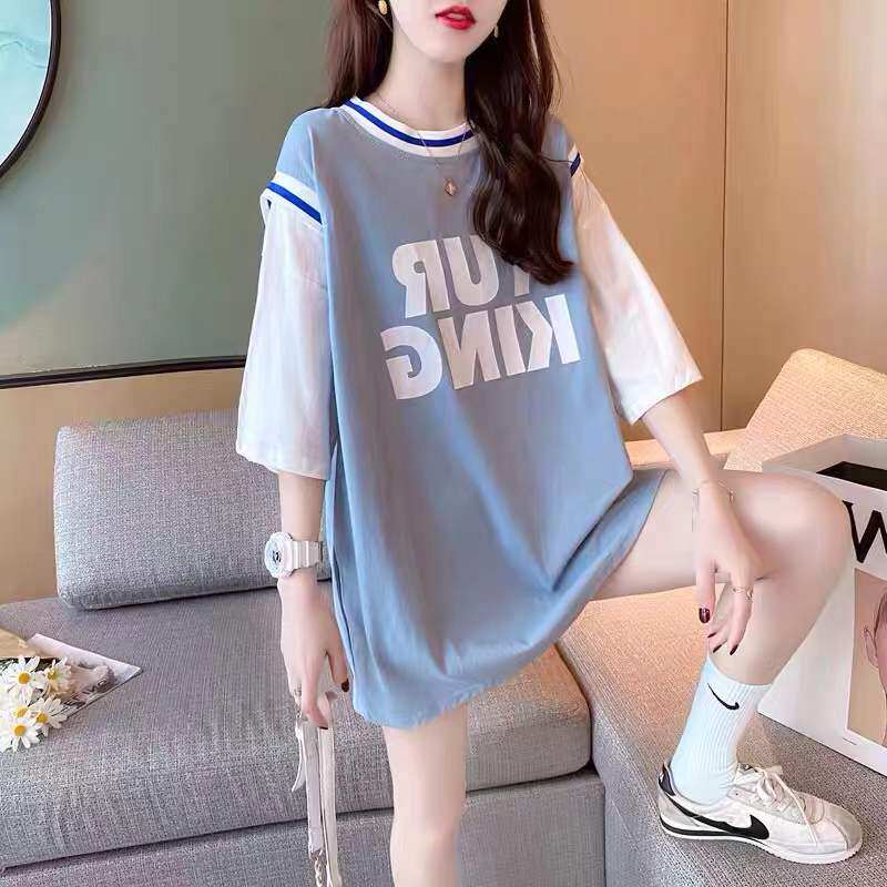 Pregnant woman short sleeve T-shirt out for summer clothing fashion big size ball clothes loose and fake two medium long spicy mother's blouse